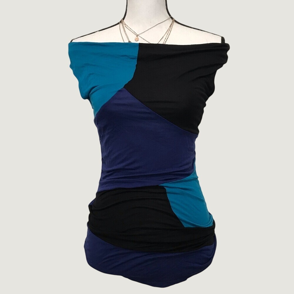 Bebe Colorblock Asymmetrical Off-Shoulder Ruched Bodycon Tunic Blouse Y2K